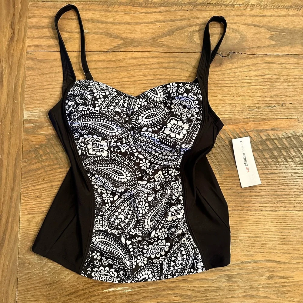 Liz Claiborne NWT Tankini swimsuit top size 6 black and white paisley - Picture 1 of 5